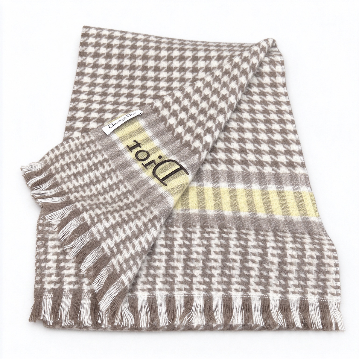 Christian Dior Houndstooth Cashmere Wool Scarf – Beige & Yellow Striped Fringed Shawl | Luxury Designer Winter Accessory
