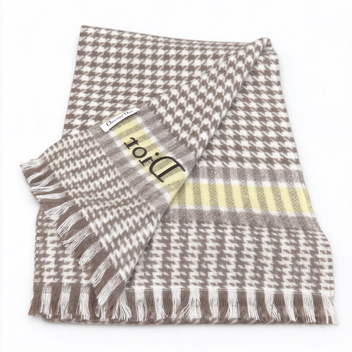 Christian Dior Houndstooth Cashmere Wool Scarf – Beige & Yellow Striped Fringed Shawl | Luxury Designer Winter Accessory