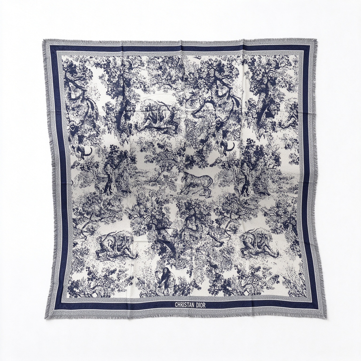Christian Dior Toile de Jouy Jungle Wool Silk Scarf in Ivory & Navy — Large Fringed Blanket Wrap Shawl |  Luxury Designer Fashion Accessory
