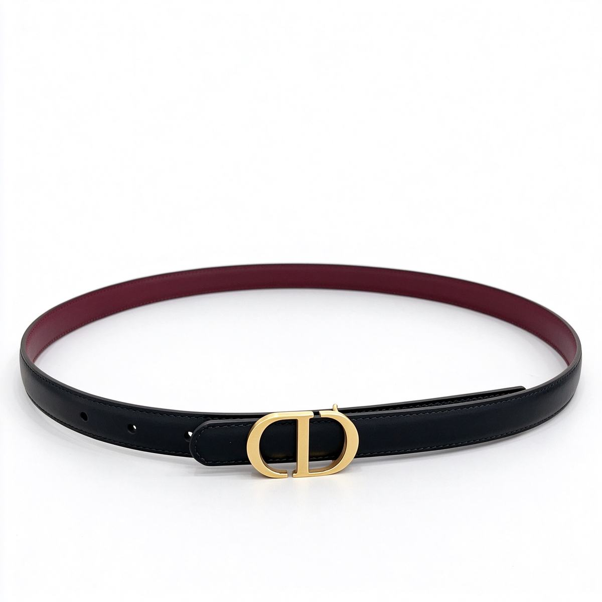 Dior Black & Burgundy CD Logo Leather Belt | Gold CD Buckle Skinny Waist Belt — Minimalist Luxury Designer Belt