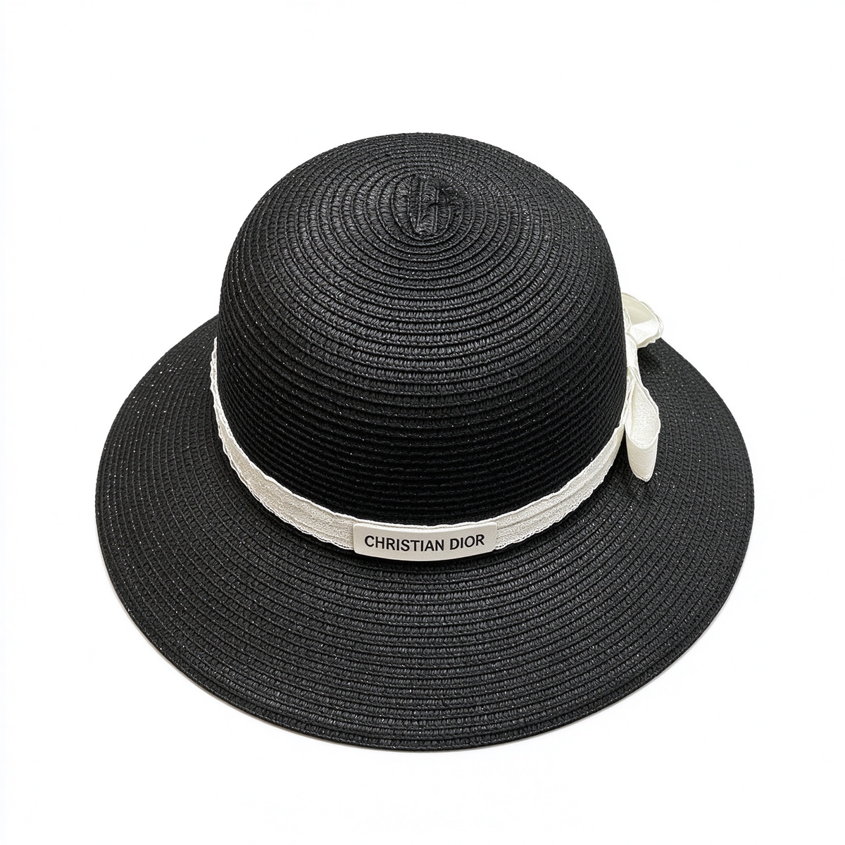 Dior Style Straw Sun Hat – Black Woven Wide Brim Beach Hat with Ivory Ribbon & Christian Dior Logo Plaque, Luxury French Designer Summer Resort Hat for Women