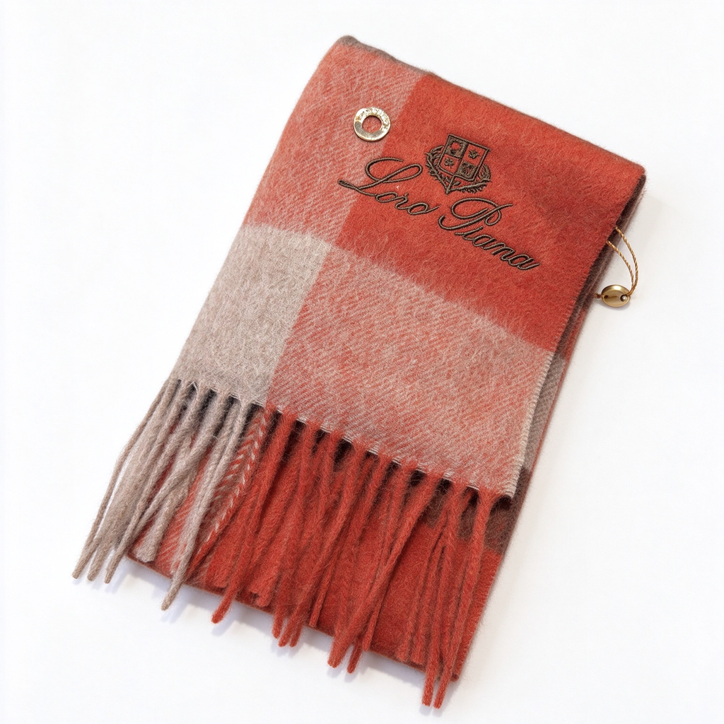 Loro Piana  Cashmere Large Check Scarf Shawl Rust Terracotta Grey | Luxury Plaid Oversized Wrap Women's & Men's Fine Accessories