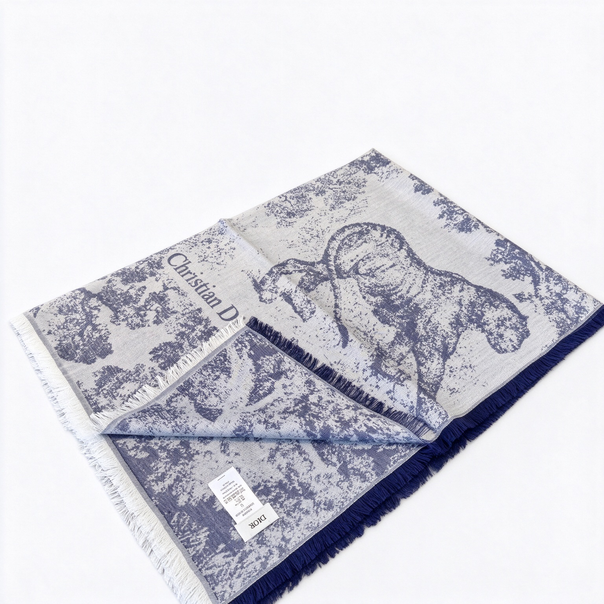 Christian Dior Jungle Toile Scarf – Navy & White Wool Cashmere Blend Animal Print | Reversible Fringed Luxury Shawl