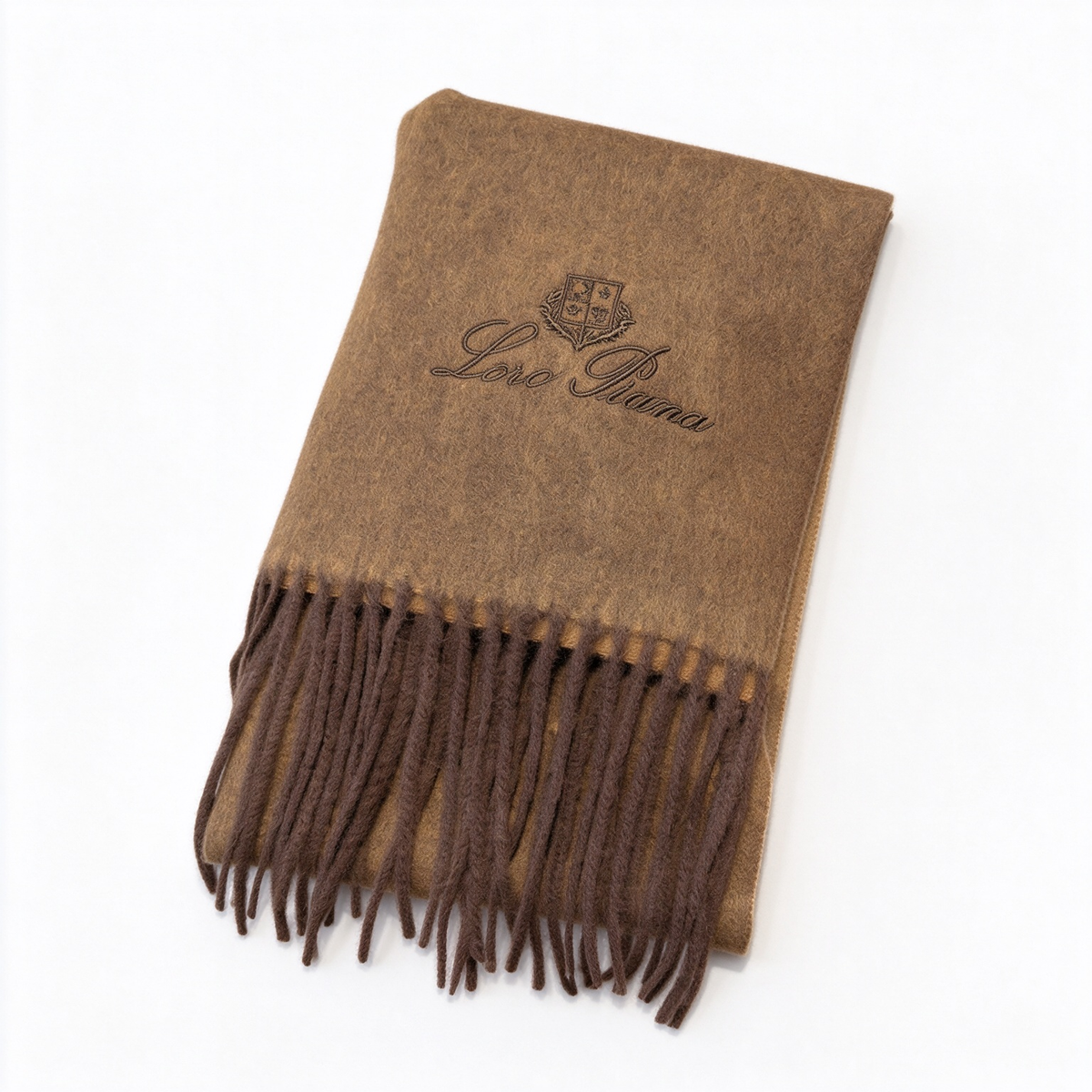 Loro Piana Cashmere Unita Scarf (Cognac Brown) | Embroidered Logo & Tassel Luxury Wrap — A Sophisticated Accessory for Men and Women