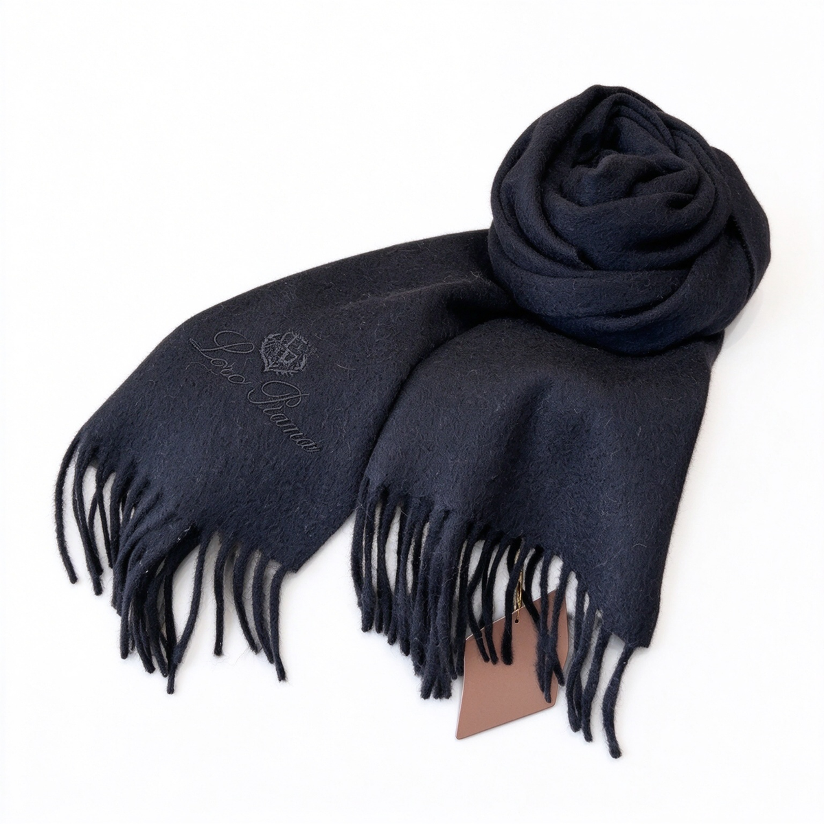Loro Piana Gifts Cashmere Scarf | Luxury Black Cashmere Wrap with Tone-on-Tone Embroidered Crest | Classic Tassel Fringes