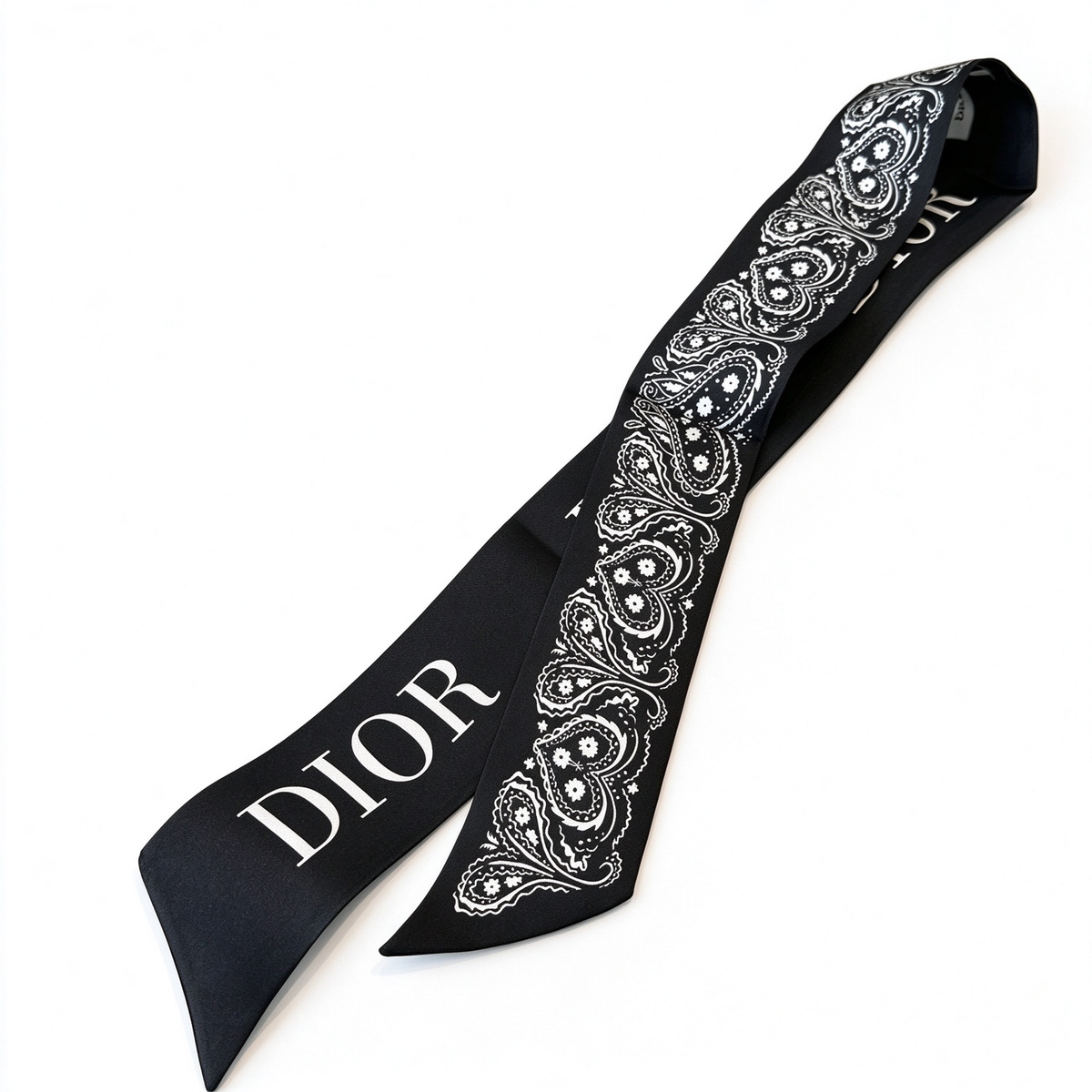 Dior-style slim silk scarf—black paisley pattern, a designer-style women’s silk scarf with a touch of French luxury