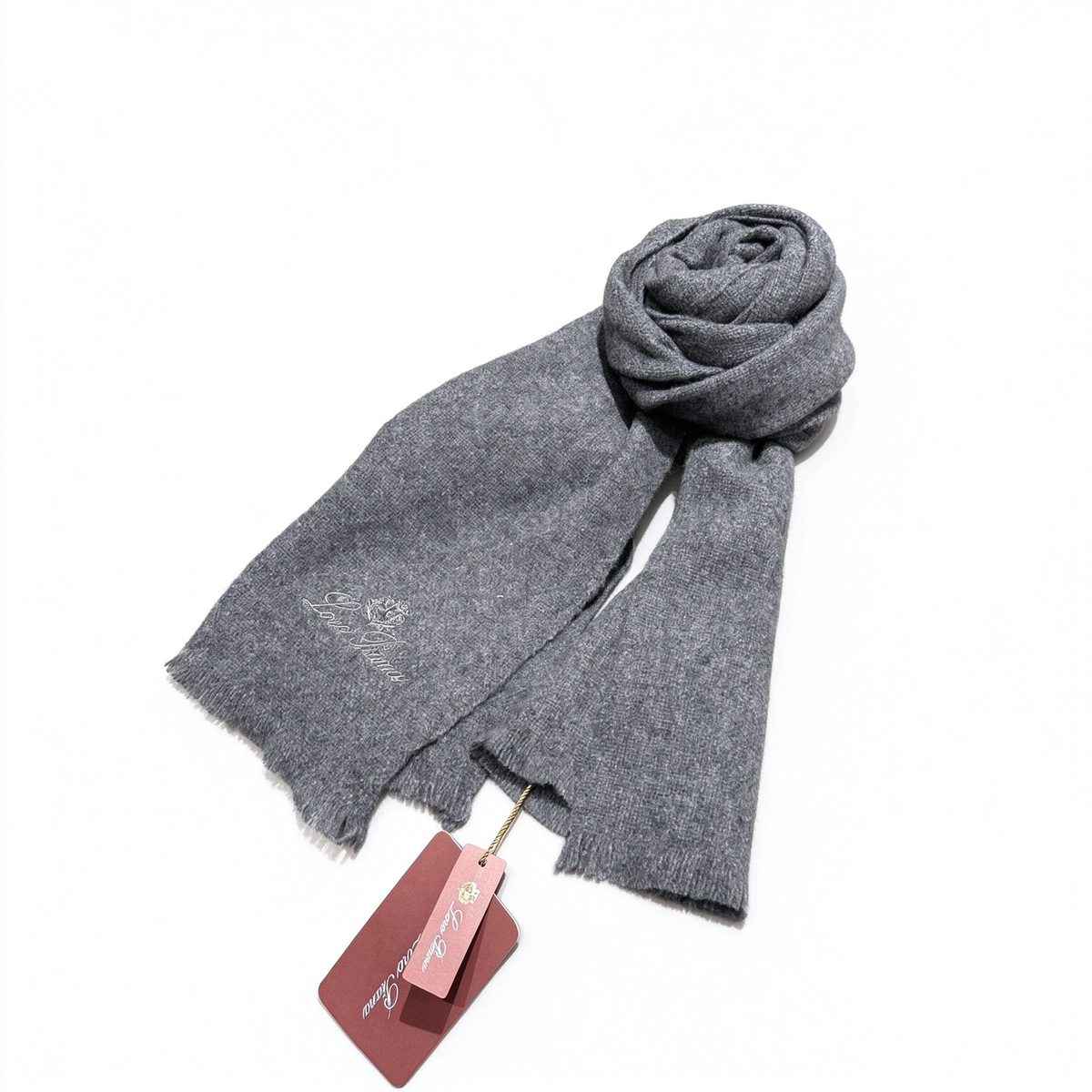 Loro Piana Grande Unita  Cashmere Oversized Scarf | Luxury Frisson Cashmere Wrap Stole in Middle Grey | Iconic Brand Crest Embroidery