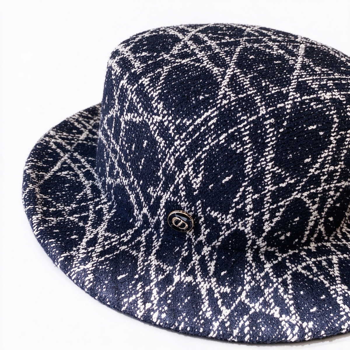 Dior Style Oblique Jacquard Bucket Hat – Dark Navy Blue All-Over Monogram Fisherman Hat with CD Metal Buckle