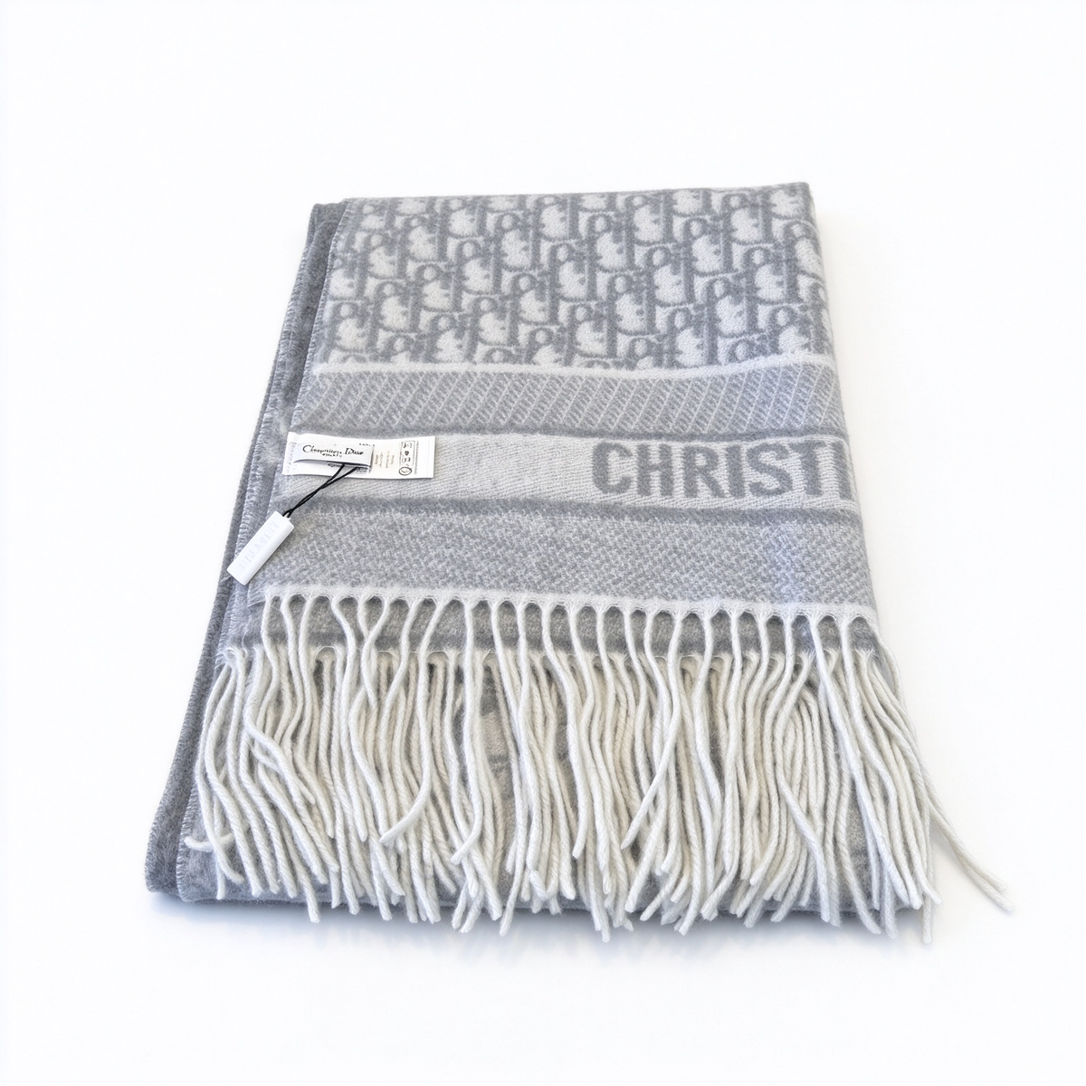 Dior Oblique Jacquard Scarf | Grey & White Wool Wrap | Embroidered Logo Band & Fringed Luxury Stole
