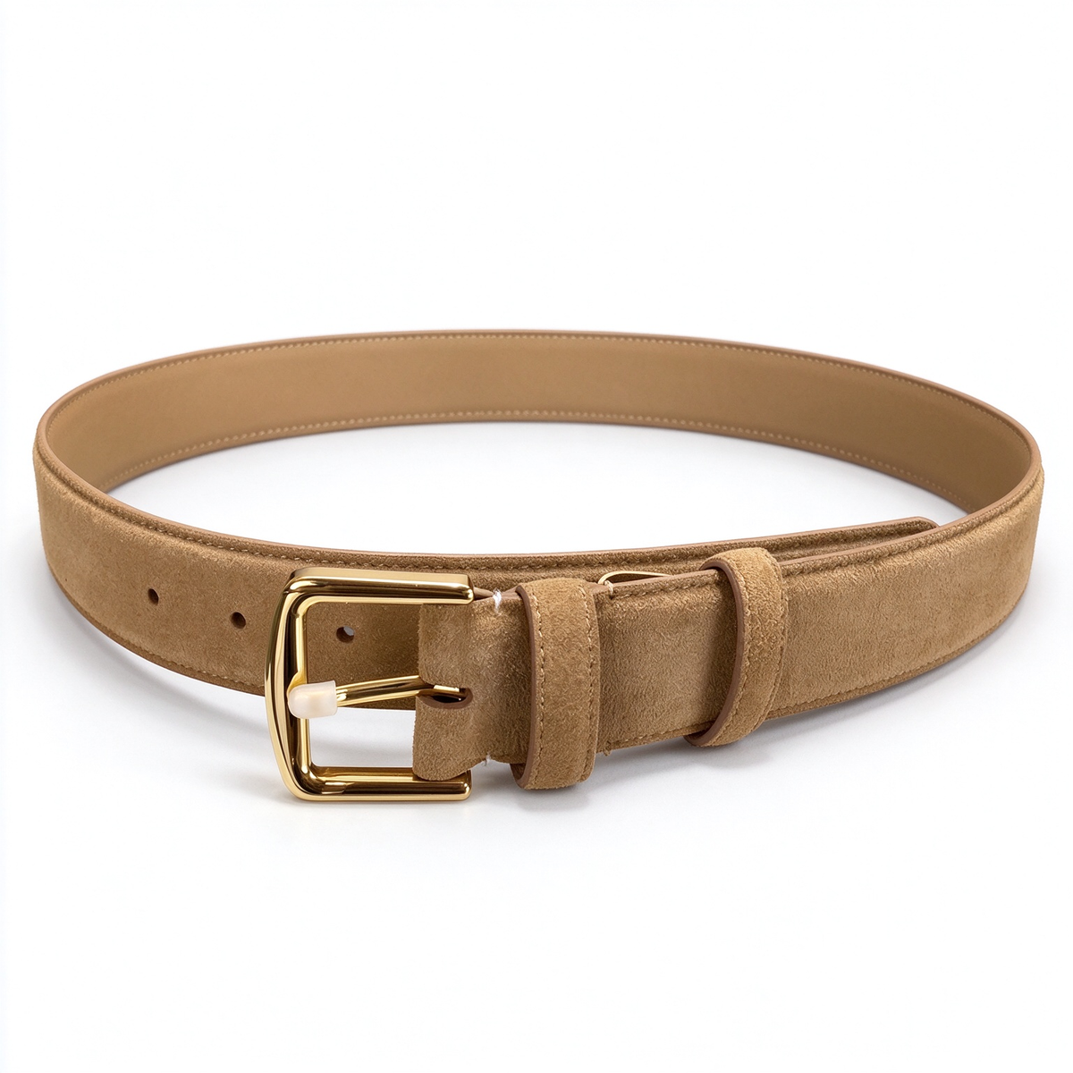 Loro Piana Classic Suede Leather Belt - Camel/Tan Italian Suede with Polished Gold Square Buckle, Designer Luxury Waist Belt