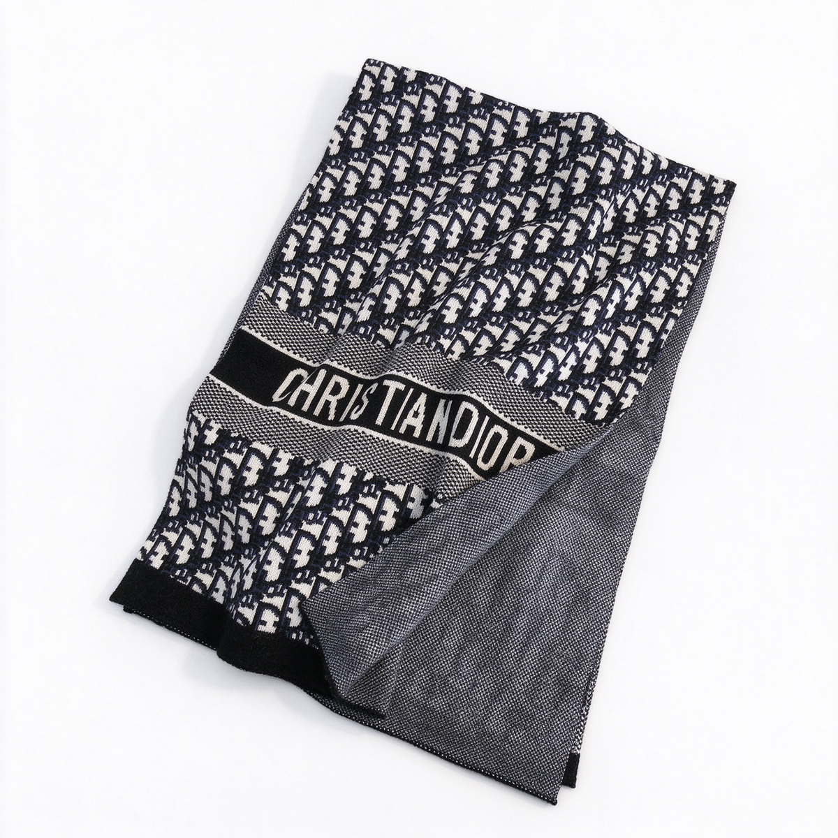 Dior Oblique Jacquard Scarf | Navy Blue & Black Knit Wrap | Reversible Logo Band & Stripe Border Stole