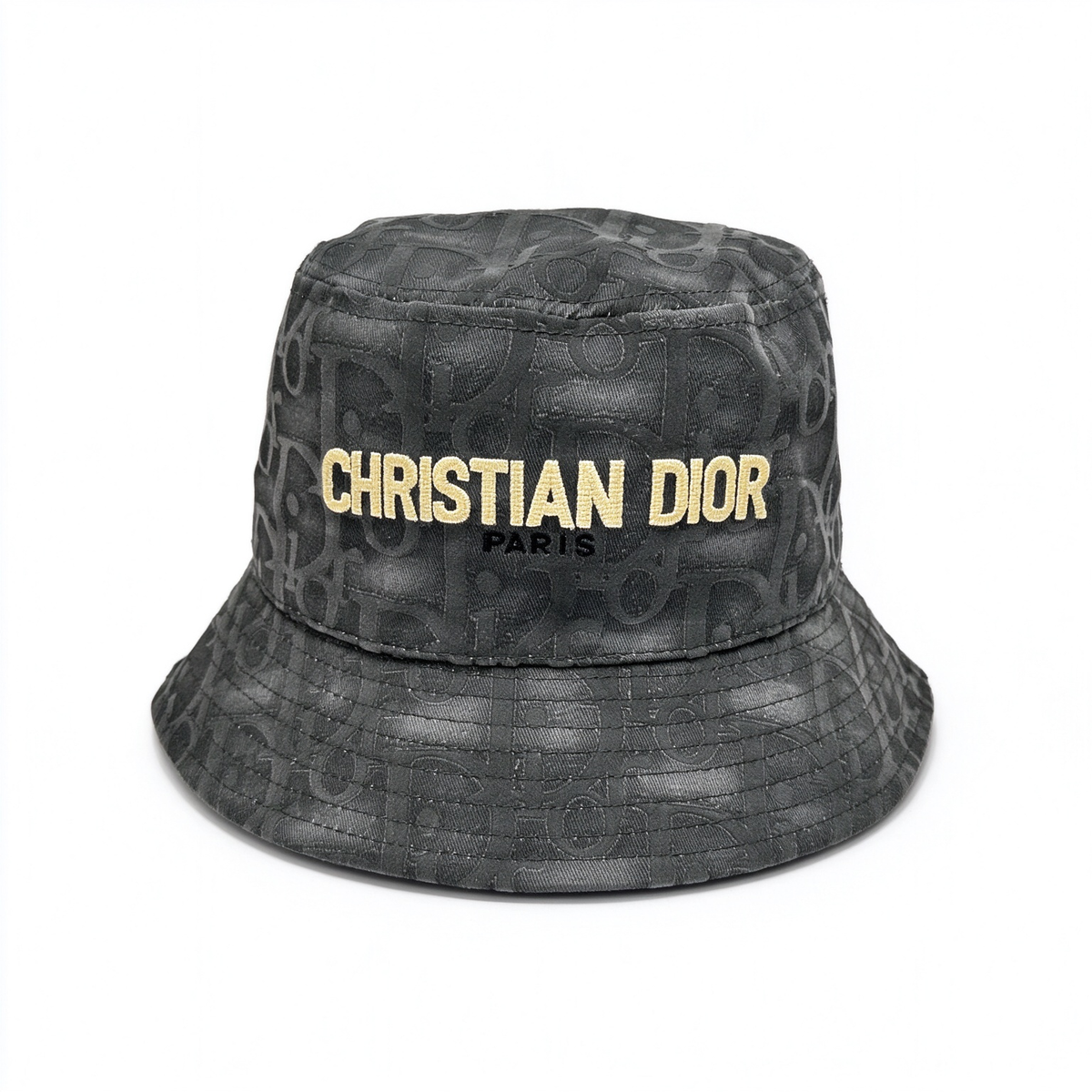 Dior Style Black Oblique Jacquard Bucket Hat – All-Over Monogram Fisherman Hat with Embroidered Christian Dior Paris Logo in Gold, Luxury French Designer Streetwear Sun Hat for Men & Women