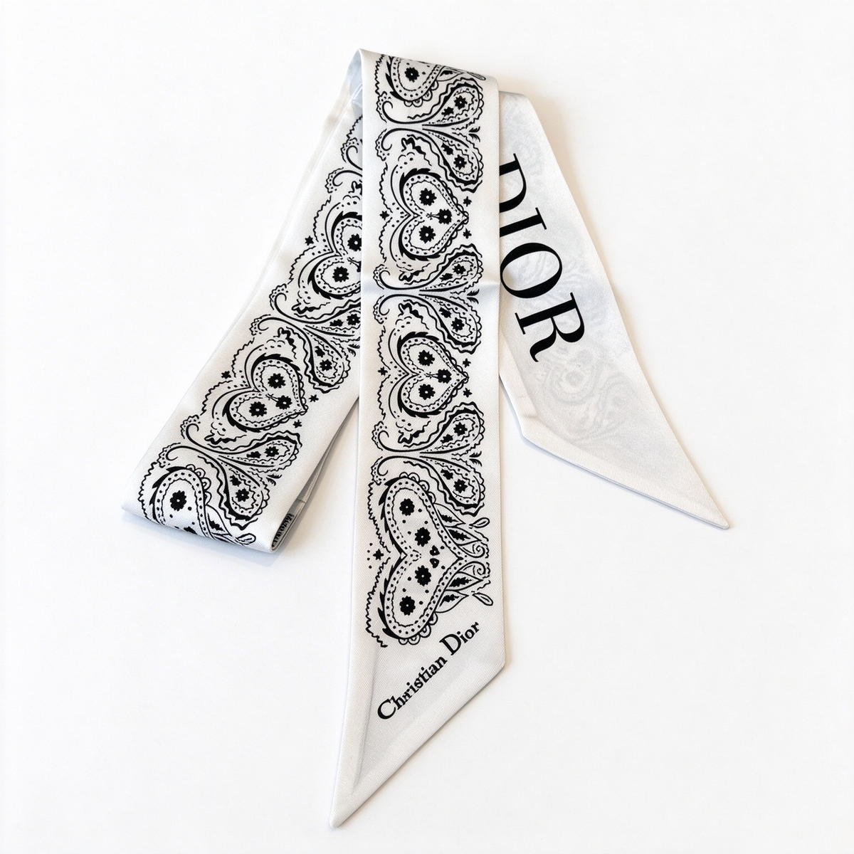 Dior Style Mitzah Skinny Silk Scarf – White & Black Paisley Bandeau, Luxury French Designer  Silk Hair Band & Waist Belt Scarf, Multi-Way Neck Wrap for Women