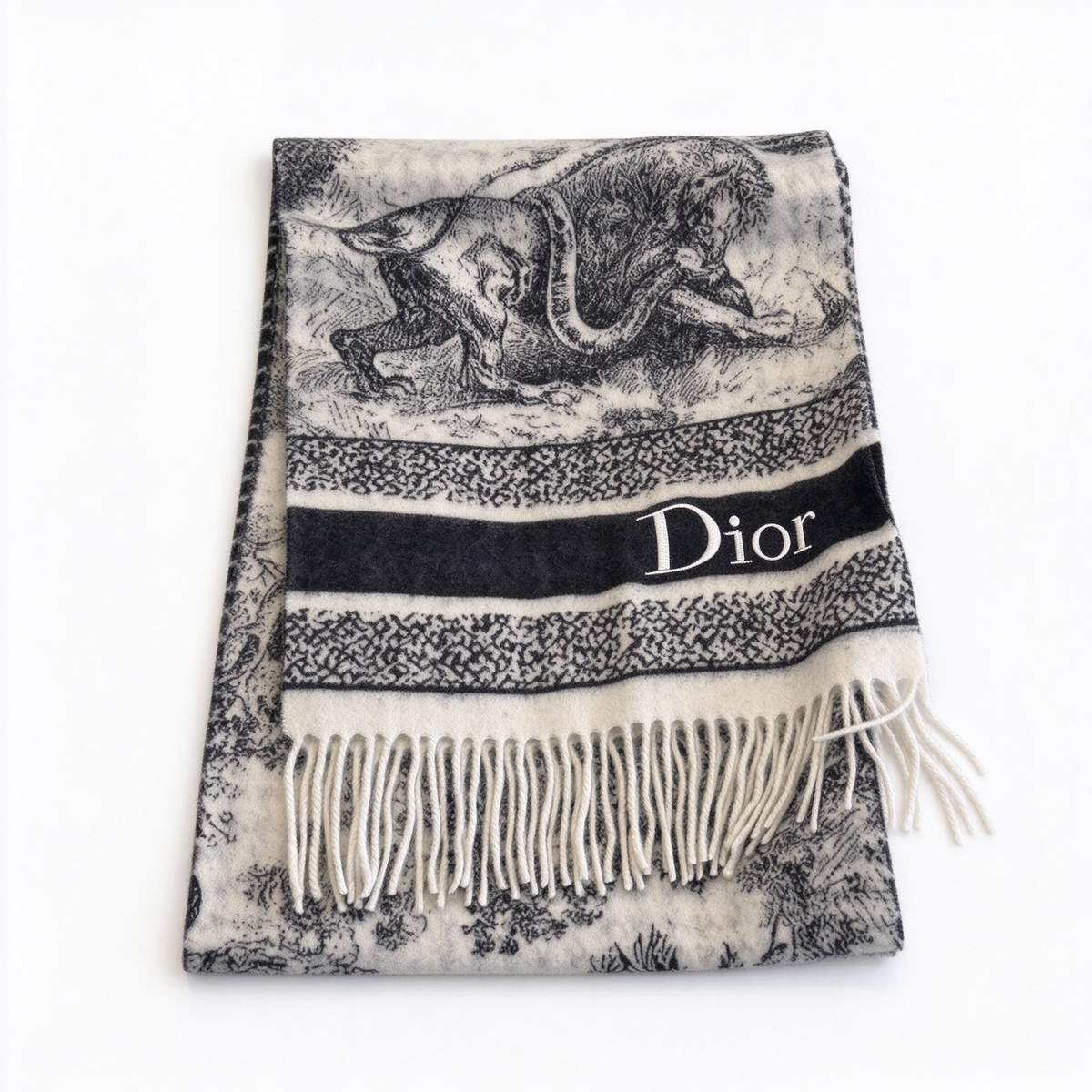 Christian Dior Striped Logo Scarf – Black & White Wool Cashmere Blend with Thick Fringe | Luxury Designer Winter Accessory