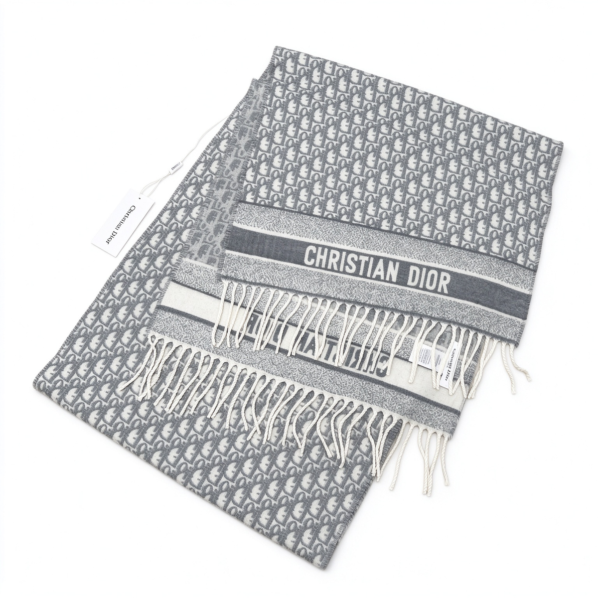 Dior Oblique Jacquard Scarf | Grey & White  Wool Wrap | Embroidered Logo Band & Fringed Stole