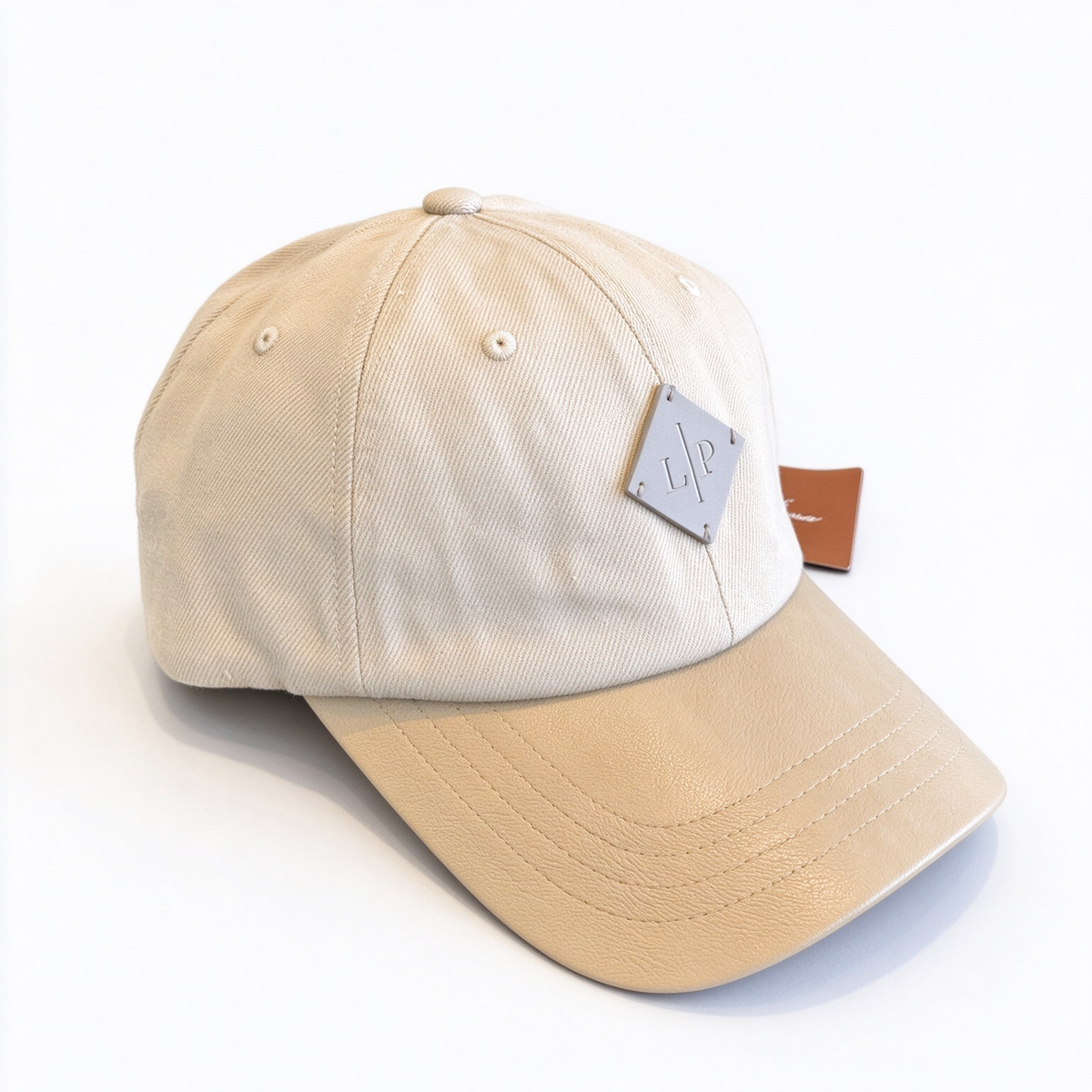 Loro Piana Beige/Sand Leather Trim Baseball Cap - Cotton Twill Dad Hat with Tan Calfskin Brim & Grey LP Diamond Patch, Designer Luxury Cap