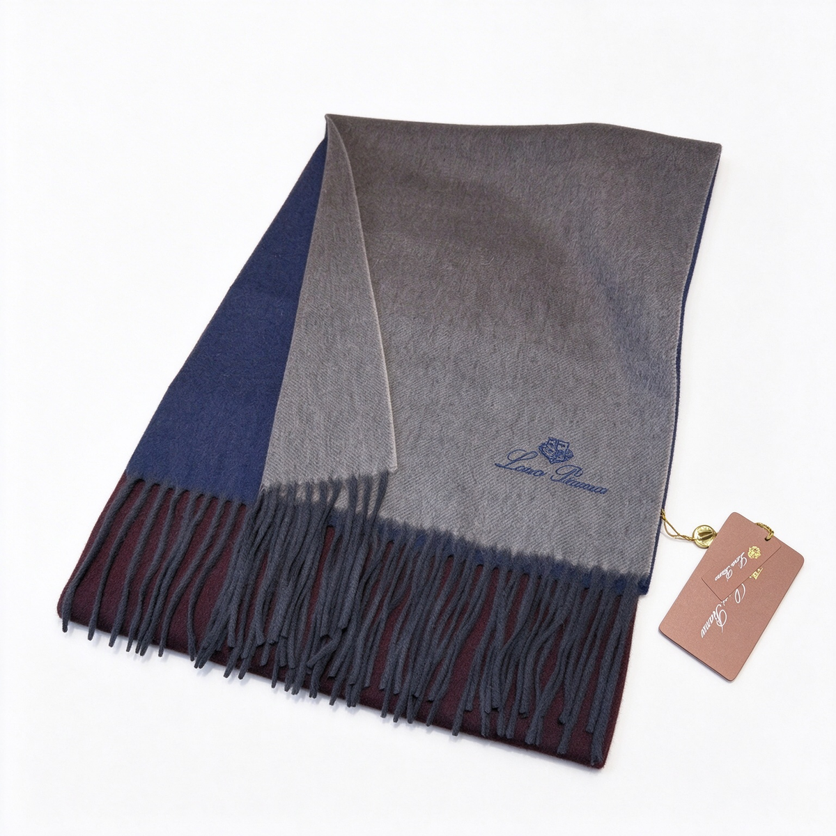 Loro Piana  Cashmere Grande Unita Scarf Heather Grey Navy Logo | Luxury Embroidered Fringed Wrap Women's & Men's Accessories