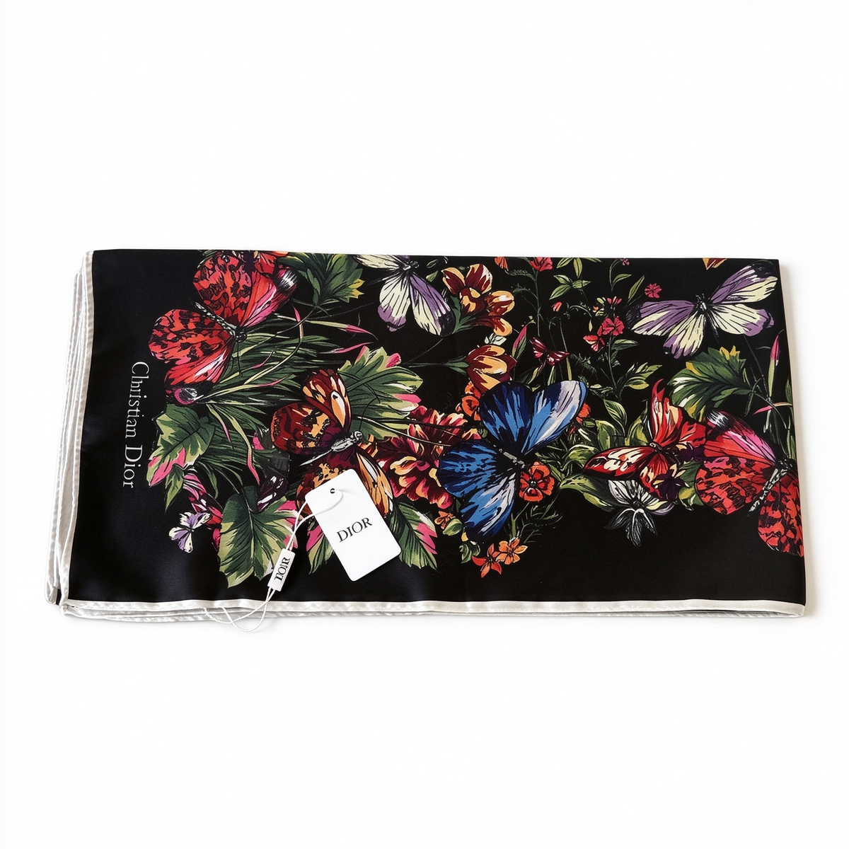 Christian Dior Bal Butterfly & Floral Silk Scarf – Black Multicolor Butterfly Garden Print | Luxury Designer Accessory
