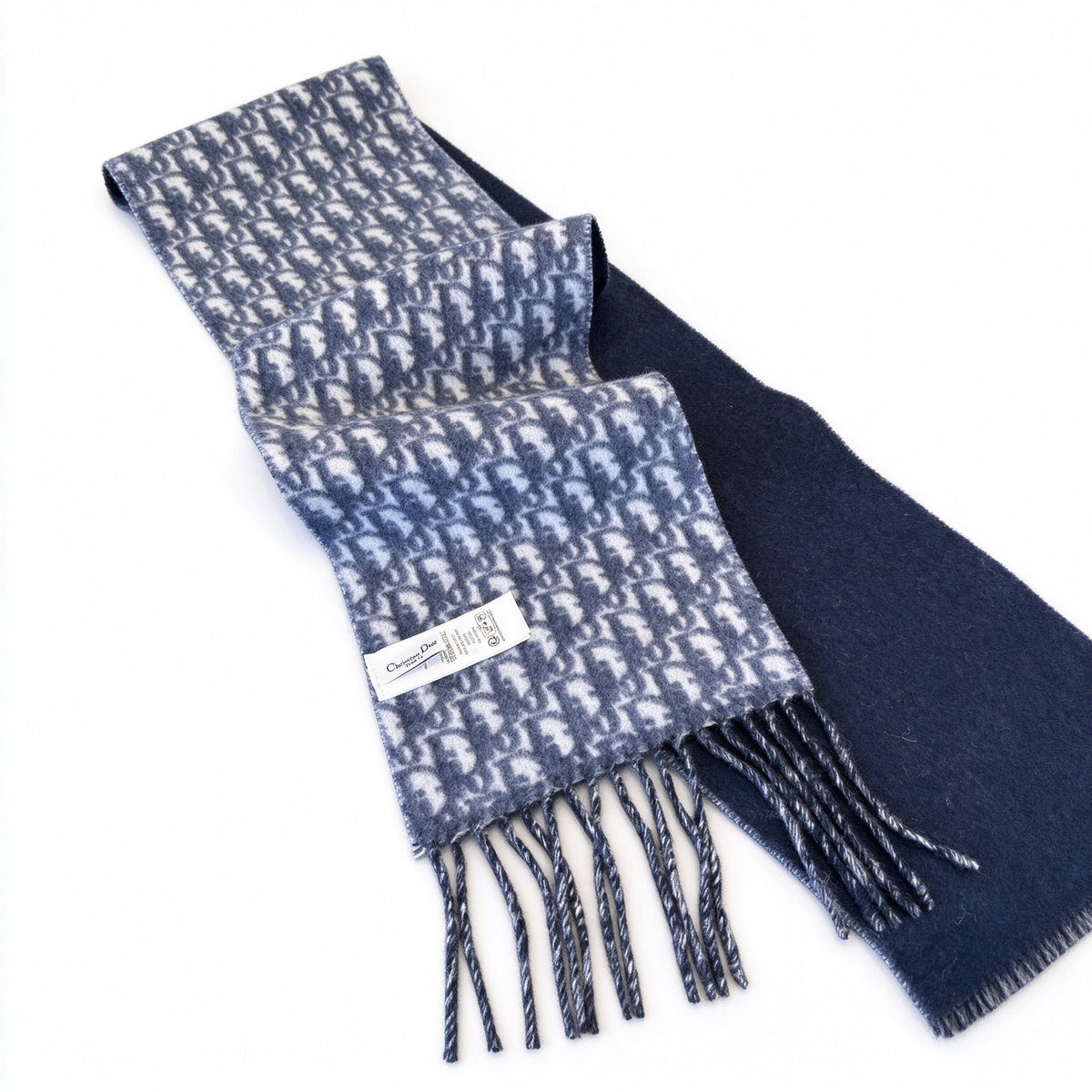 Dior Oblique Scarf in Navy Blue Gradient — Reversible Wool Silk Blend Logo Print Long Shawl with Fringe | Luxury Designer Fashion Accessory