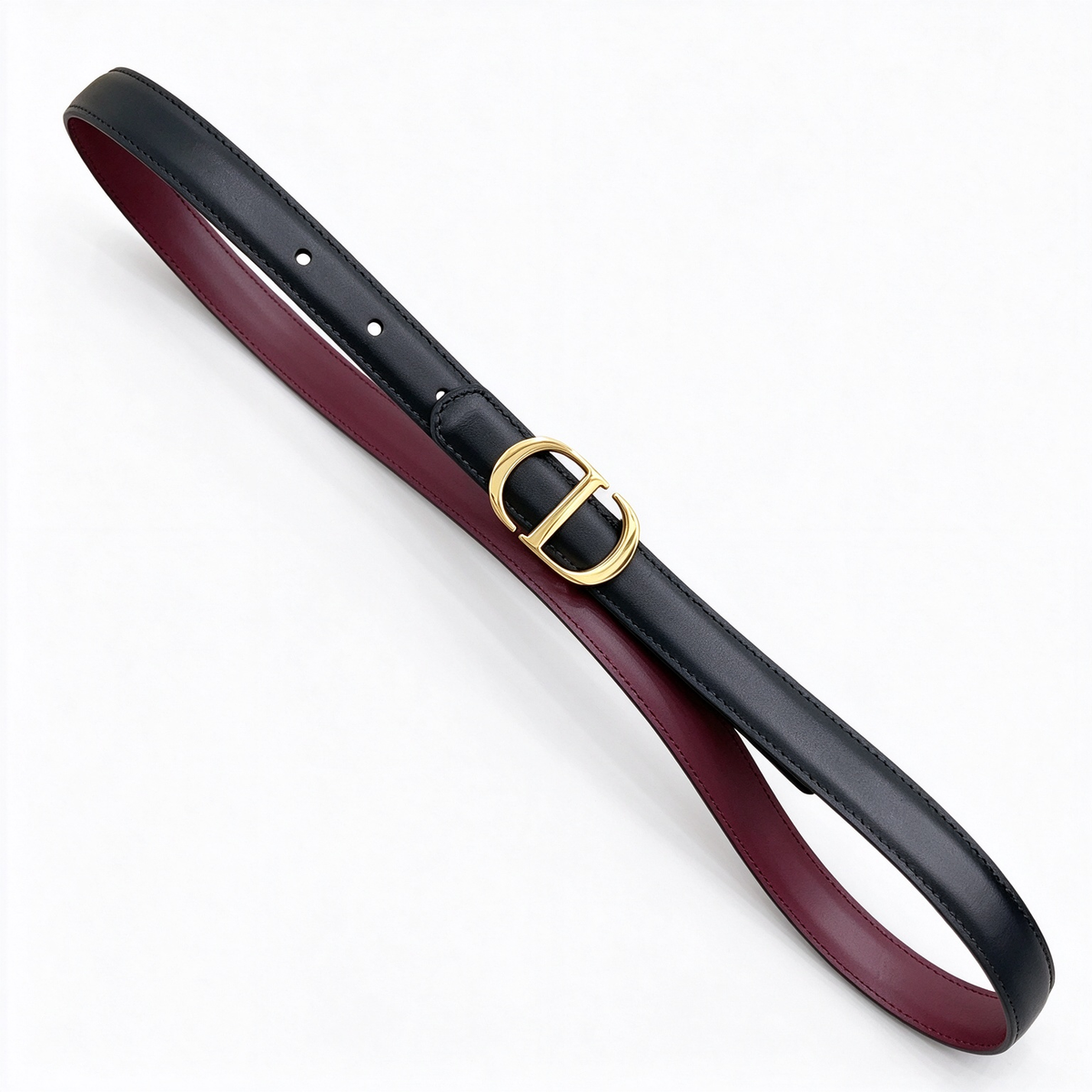 Dior Black & Burgundy CD Logo Leather Belt | Gold CD Buckle Skinny Waist Belt — Minimalist Luxury Designer Belt