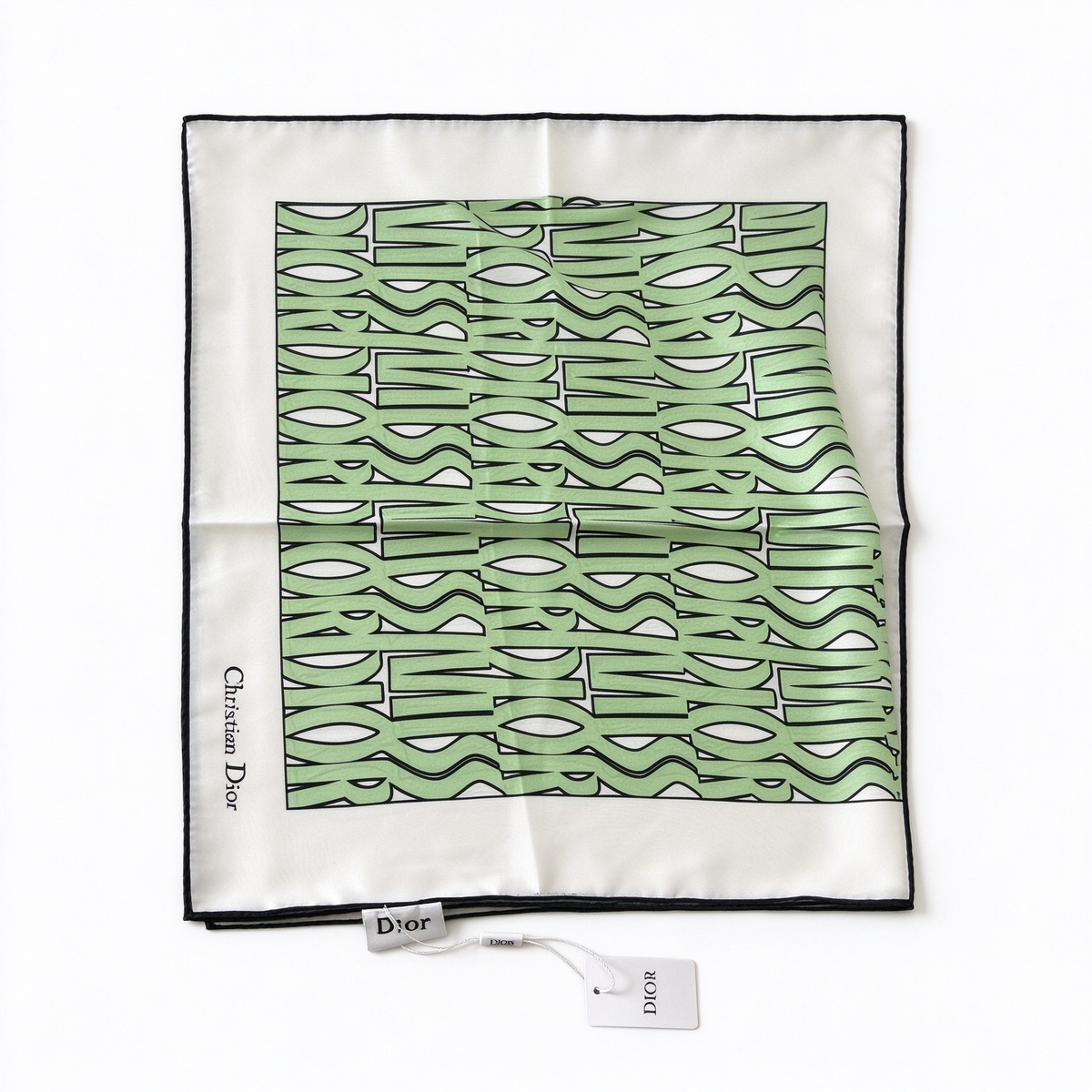 Dior Style Miss Dior Silk Square Scarf – Lime Green Monogram Print Carré, Luxury French Designer 100% Silk Headscarf 90×90cm, Vintage-Inspired Neck Wrap for Women