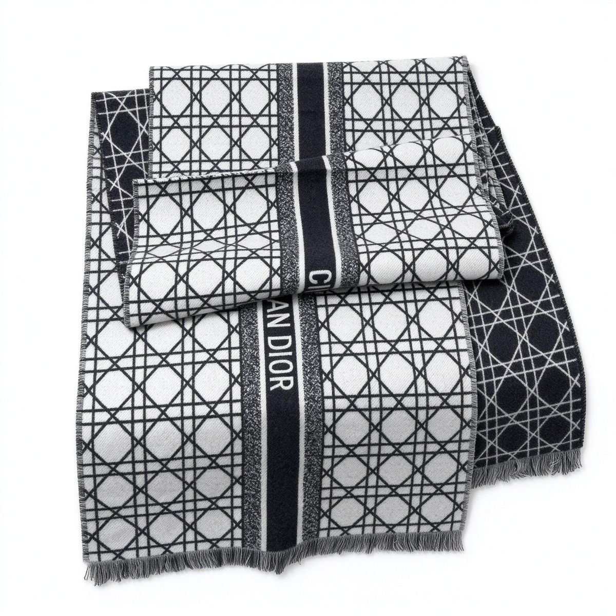 Christian Dior Cannage Scarf in Black & White — Reversible Wool Silk Blend Logo Shawl with Fringe | Luxury Designer Fashion Accessory