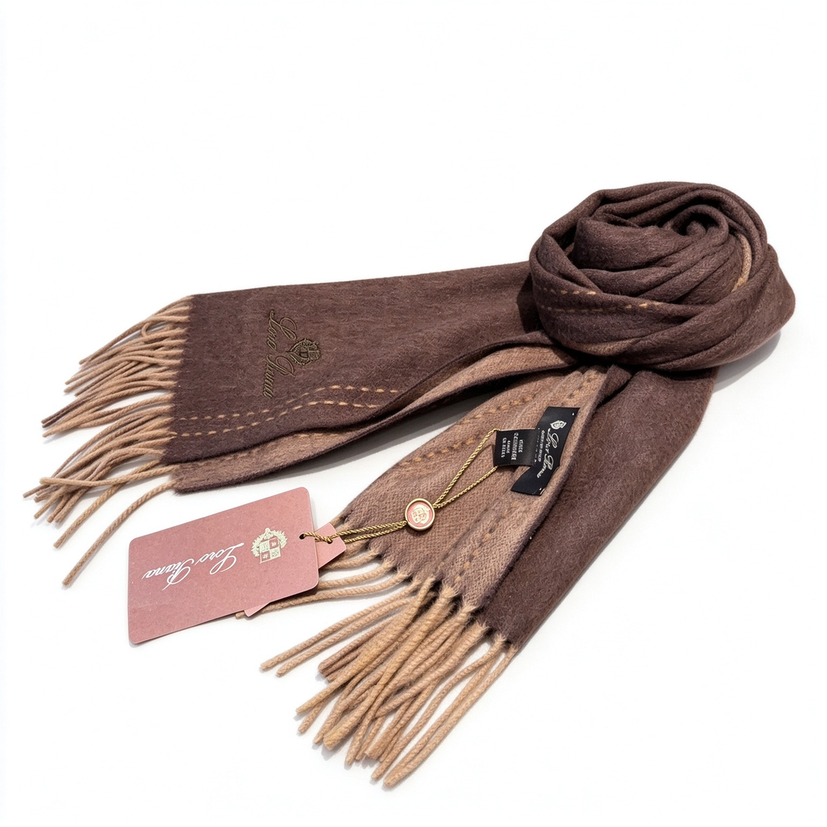 Loro Piana Gifts Cashmere Scarf | Luxury Reversible Wrap in Dark Chocolate Brown with Camel Contrast Fringe | Embroidered Crest
