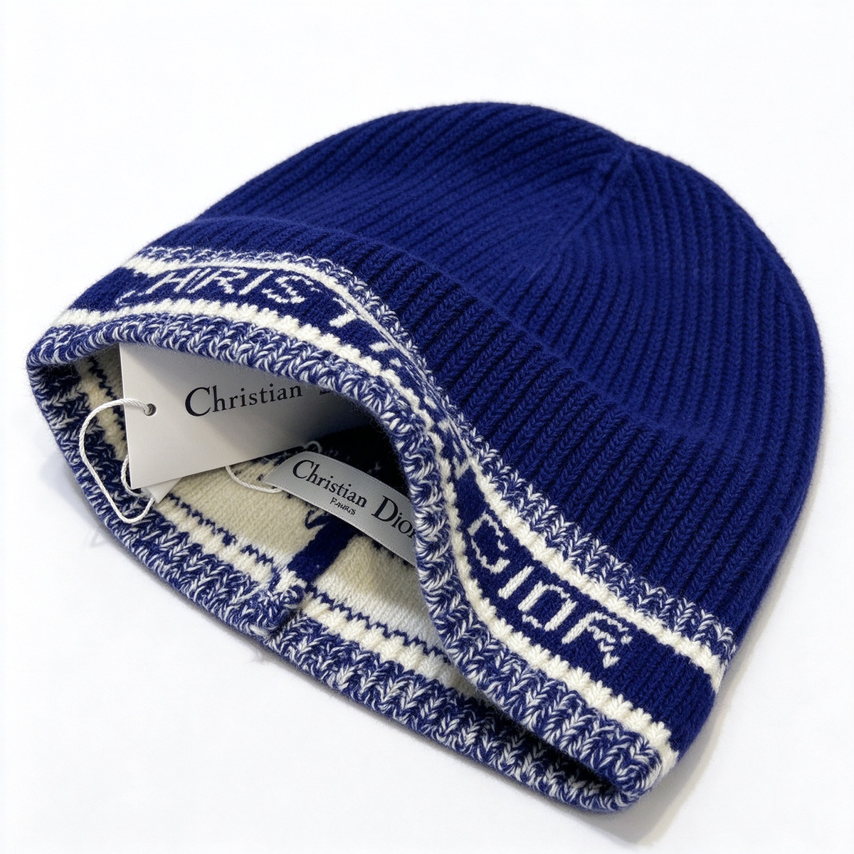 Dior Style Christian Dior Knit Beanie – Navy Blue & Ivory Ribbed Wool Hat with Contrast Striped Logo Band, Luxury French Designer Winter Cold Weather Cap for Men & Women