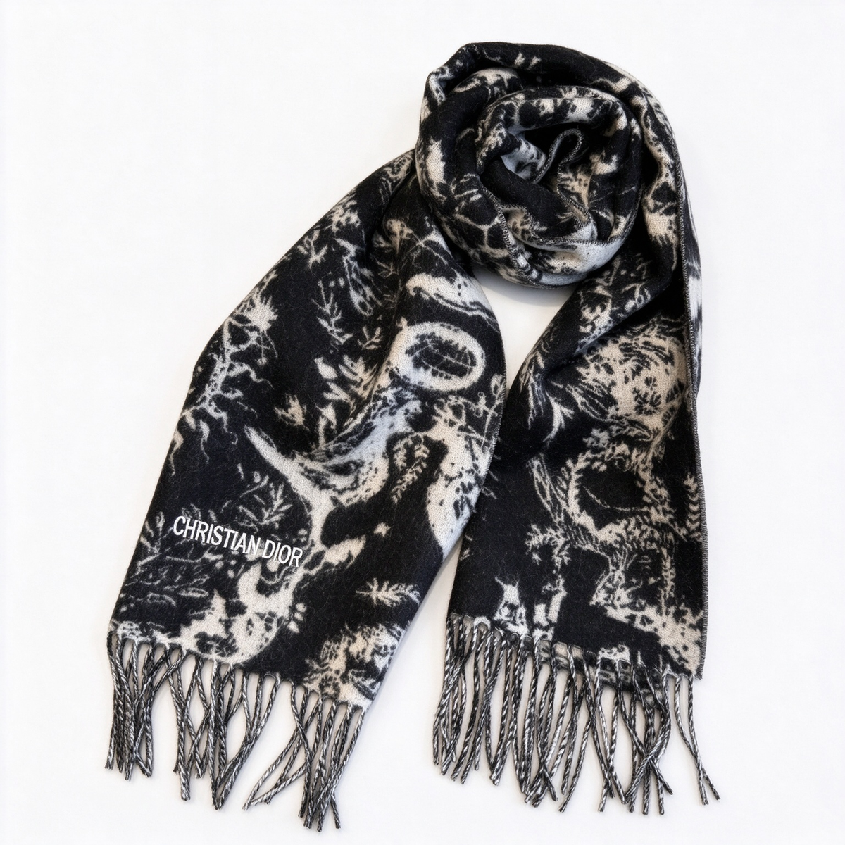 Christian Dior Sauvage Toile de Jouy Scarf – Black & White Cashmere Wool Blend with Fringe & Logo Detail | Luxury Designer Scarf for Women