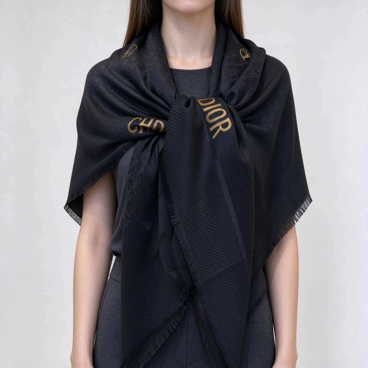 Dior Oblique Jacquard Shawl/Scarf | Navy blue and gold, crafted from a blend of wool, silk, and cotton | Large square shawl with fringe