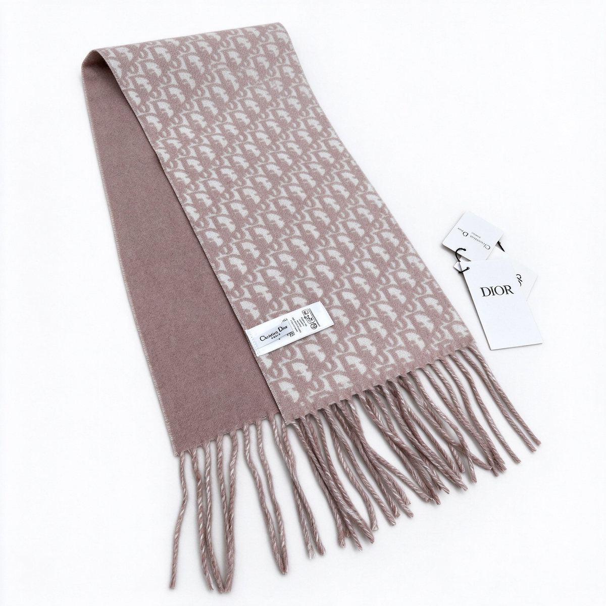 Dior Oblique Jacquard Scarf | Dusty Pink & Light Grey Reversible  Wool Wrap | Embroidered Logo Fringed Stole