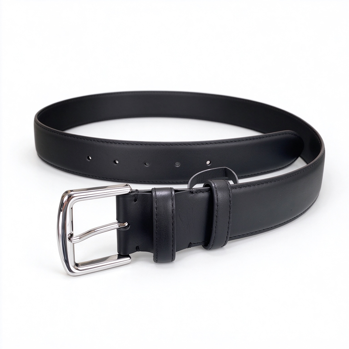 Loro Piana Classic Calfskin Leather Belt - Matte Black Italian Leather with Polished Silver Pin Buckle, Designer Luxury Waist Belt