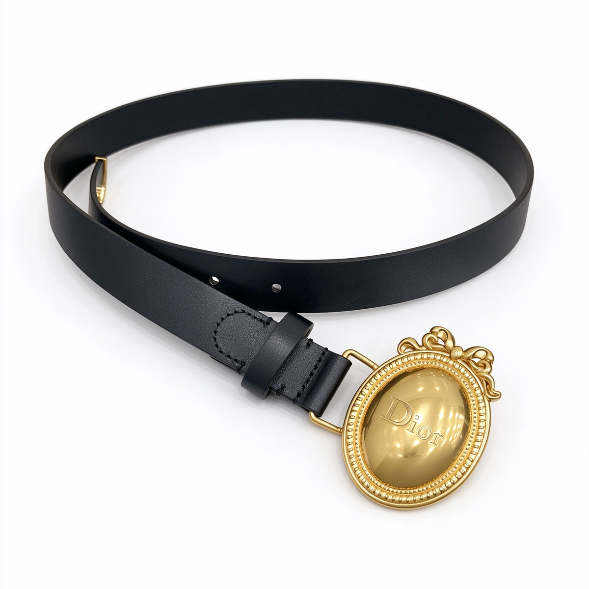 Dior Médaillon Black Leather Belt | Antique Gold Medallion Bow Buckle & Engraved Logo — Luxury Designer Skinny Waist Belt