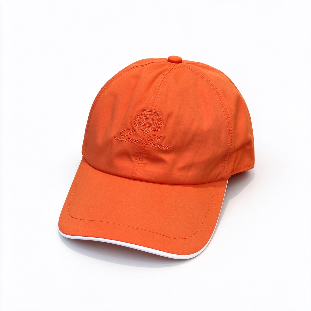 Loro Piana Storm System Baseball Cap | Bright Orange Waterproof Wind Microfiber Hat with White Trim & Tonal Embroidered Logo