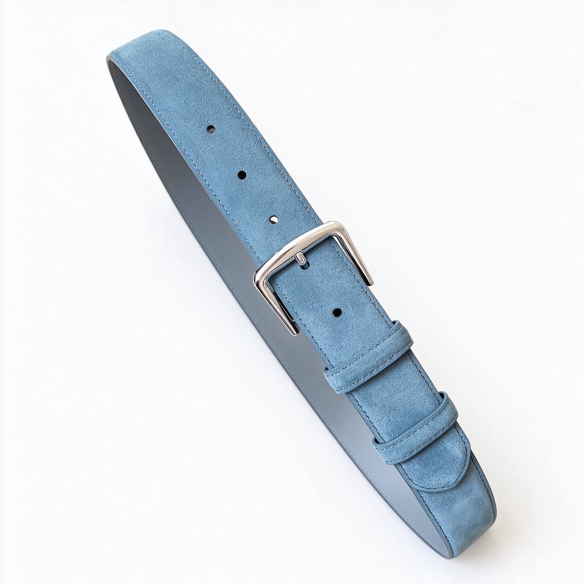 Loro Piana Men's Suede Leather Belt in Light Blue-Gray with Silver-Tone Buckle — Italian Crafted Luxury Casual Belt | Premium Designer Fashion Accessories