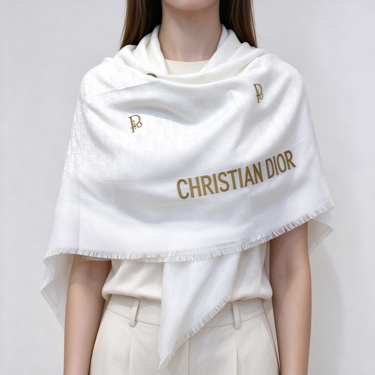 Dior Oblique Jacquard Shawl Scarf | White & Gold Wool Silk Cotton Wrap | Large Square Fringed Stole