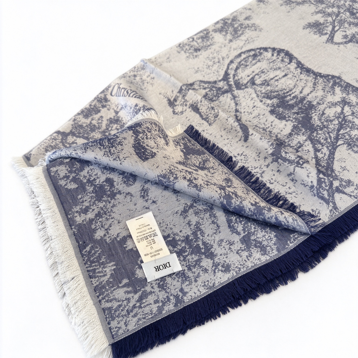 Christian Dior Jungle Toile Scarf – Navy & White Wool Cashmere Blend Animal Print | Reversible Fringed Luxury Shawl