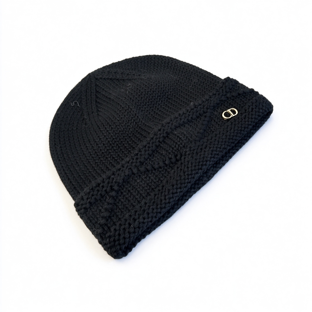 Dior Style CD Logo Knit Beanie – Jet Black Wool Blend Ribbed Cold Weather Hat with Gold CD Metal Badge, Luxury French Designer Winter Cap for Men & Women