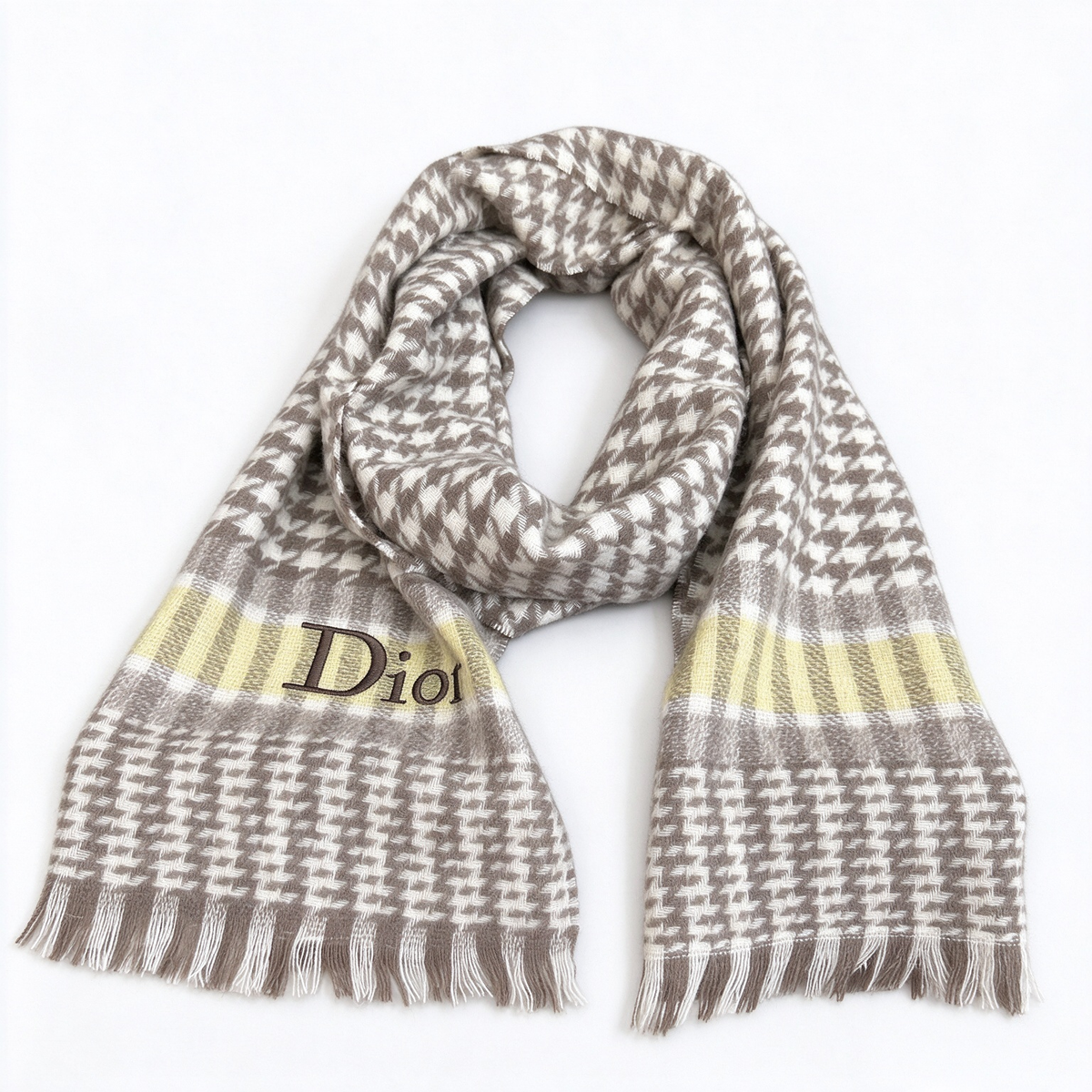 Christian Dior Houndstooth Cashmere Wool Scarf – Beige & Yellow Striped Fringed Shawl | Luxury Designer Winter Accessory