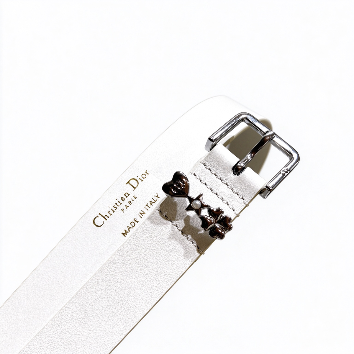 Christian Dior White Leather Belt | Silver Charm Heart Pearl Star Detail Pin Buckle — Luxury Designer Skinny Waist Belt