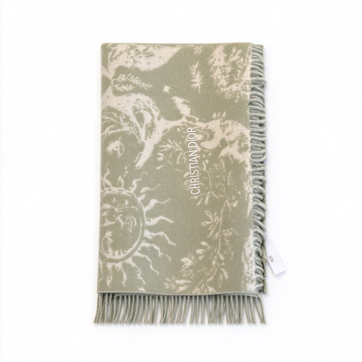 Christian Dior Sauvage Toile de Jouy Scarf – Olive Green & Cream Cashmere Wool Blend with Fringe & Logo Detail | Luxury Designer Scarf for Women
