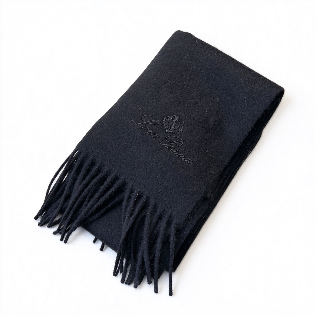 Loro Piana Gifts Cashmere Scarf | Luxury Black Cashmere Wrap with Tone-on-Tone Embroidered Crest | Classic Tassel Fringes