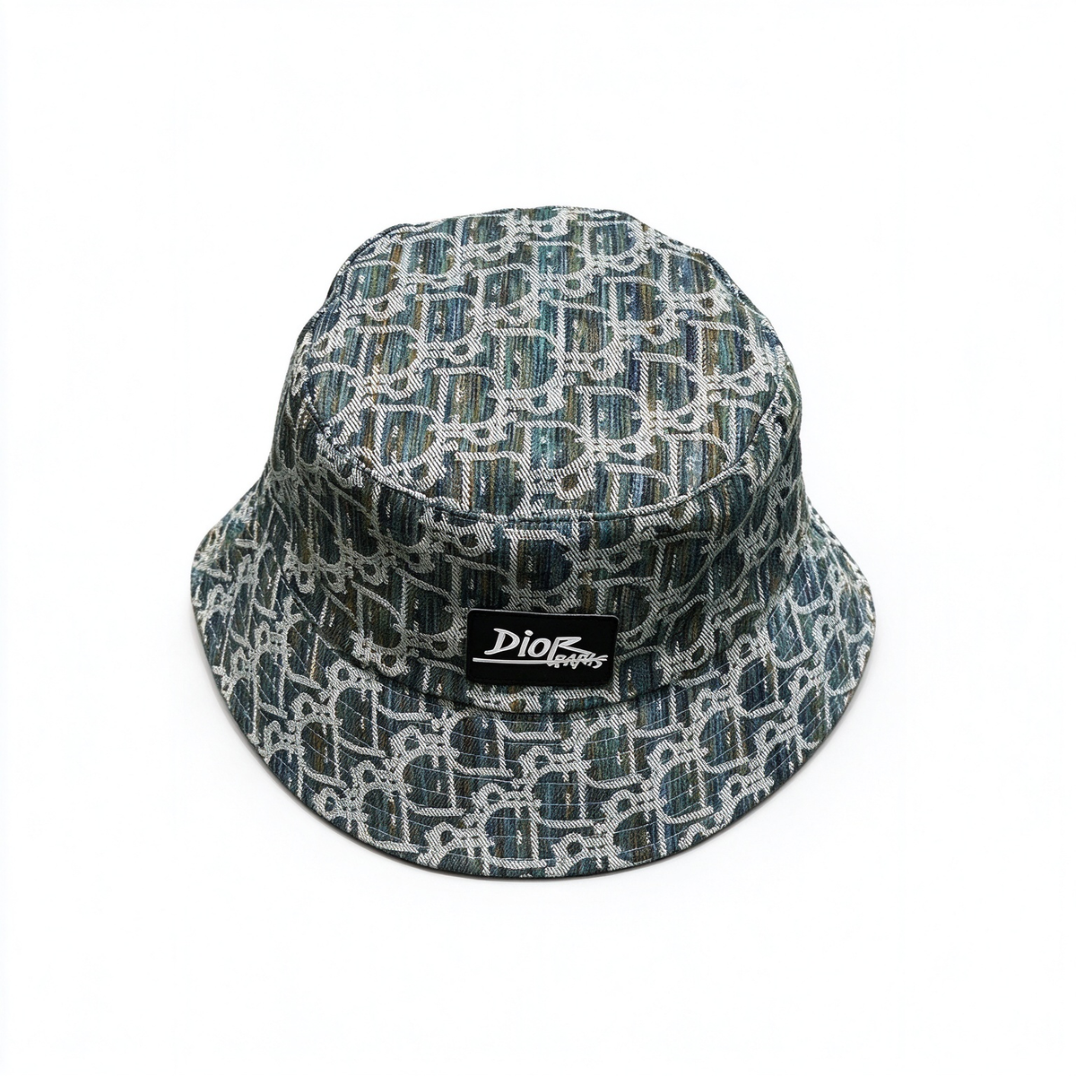 Dior Style Dior Graphs Oblique Jacquard Bucket Hat – Multi-Color Teal Blue All-Over Monogram Fisherman Hat with Black Square Patch Badge, Luxury French Designer Streetwear Cap for Men & Women