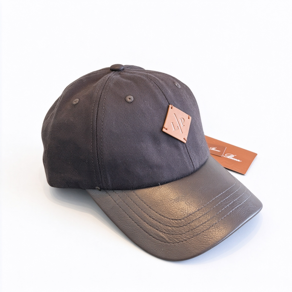 Loro Piana Leather Trim Baseball Cap - Charcoal/Dark Brown Cotton Twill Dad Hat with Tan Leather Brim & Diamond LP Patch, Designer Luxury Cap