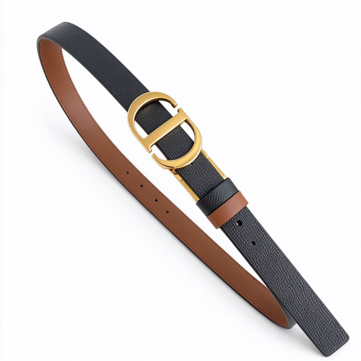 Dior 30 Montaigne Black Grained Leather Belt | Gold CD Buckle & Tan Contrast Lining — Luxury Designer Skinny Waist Belt