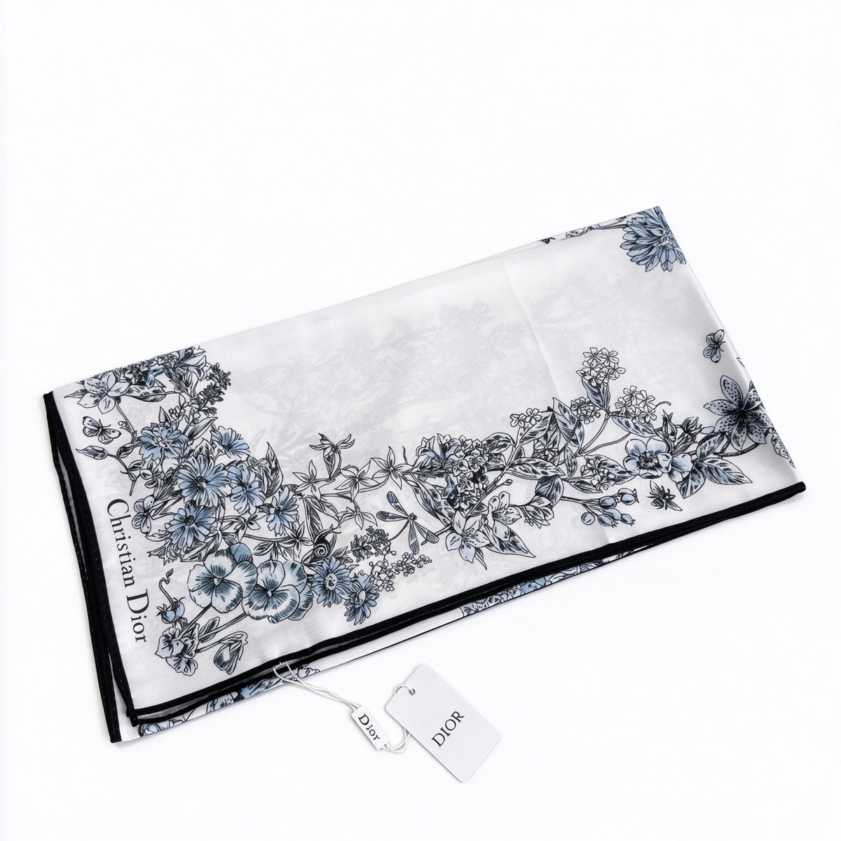 Dior Star Floral Silk Scarf | Ivory & Blue Hand-Rolled Square Scarf | Luxury Silk Twill