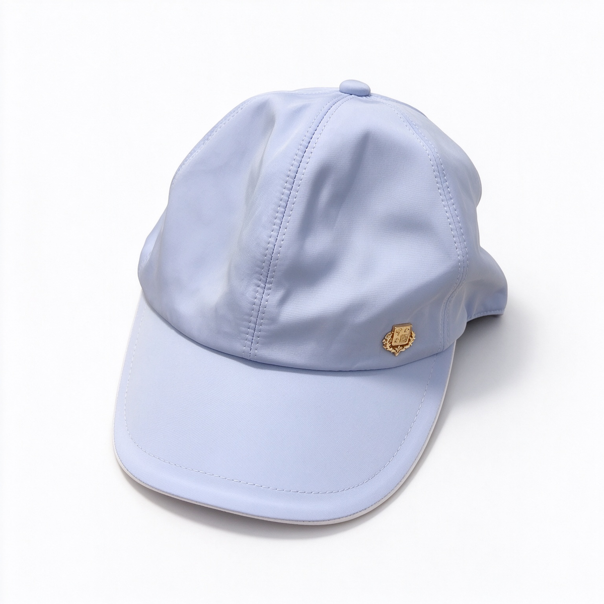 Loro Piana Storm System  Baseball Cap | Light Blue Waterproof Wind Microfiber Hat with White Trim & Gold Crest Badge