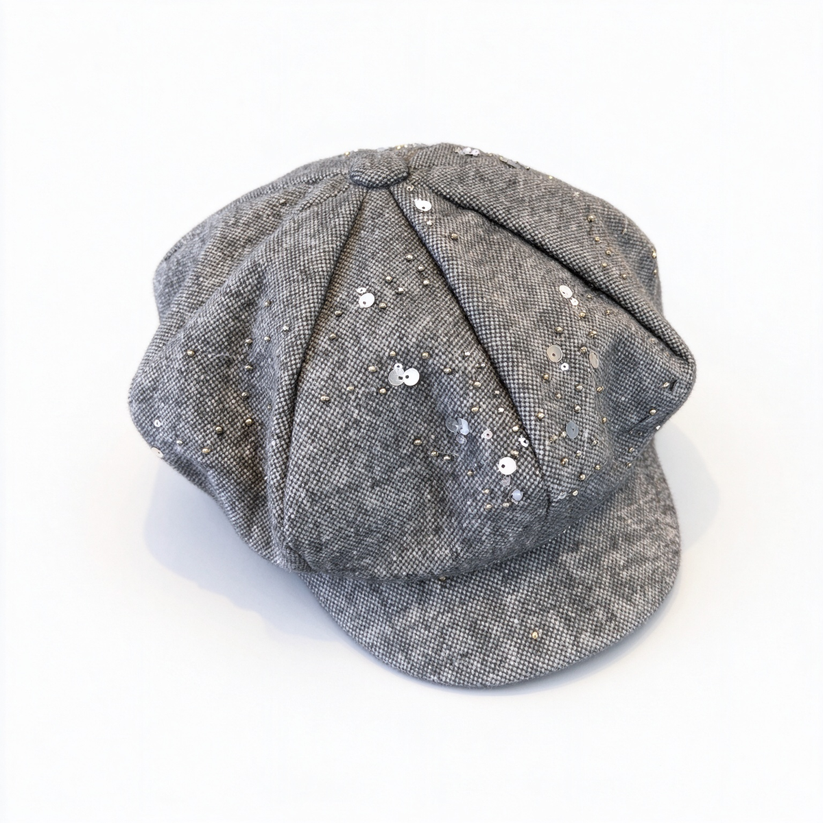 Dior Style Sequined Wool Herringbone Newsboy Cap – Grey Tweed Baker Boy Hat with Silver Sequins, Beads & Dior Logo Badge, Luxury French Designer Winter Cap for Women