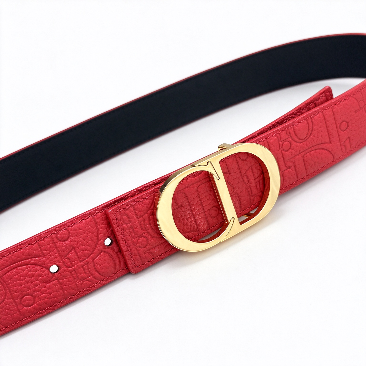 Dior 30 Montaigne Burgundy Red Oblique Embossed Leather Belt | Large Gold CD Buckle — Luxury Designer Wide Waist Belt
