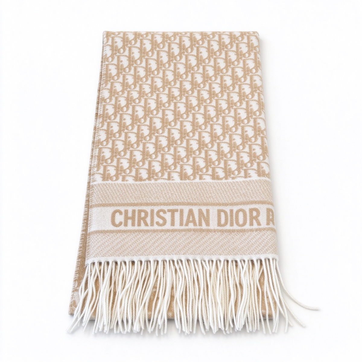 Dior Oblique Jacquard Scarf | Beige & White  Wool Wrap | Embroidered Logo Band & Fringed Stole